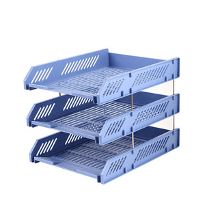Comix Three Tier <b>File</b> Tray Document Organizer 257x335x255mm Plastic Stackable <b>Storage</b> Rack Blue Black Gray - Product Image 1
