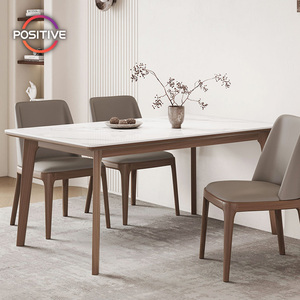 Mesa de comedor minimalista de piedra sinterizada con marco de madera, sillas tapizadas para comedor moderno, mesa de comedor - Product Image 1