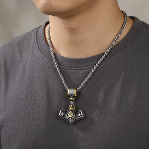 Vintage Viking Nordique Thor Marteau Mjolnir Pendentif Collier Homme Acier Inoxydable Retro Amulette Cadeau Bijou Symbole - Product Image 1
