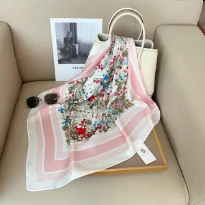 Lenços de seda personalizados para mulheres, lenço de cetim com estampa floral 70x70cm, lenço de poliéster para mulheres, elegantes, atacado, 2024