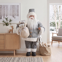 Sculpture de Père Noël grandeur nature 36 pouces, gris glacé, avec chapeau pompon flocon de neige, sac en toile de jute et cloche, pour vitrine sur le thème de Frozen