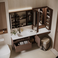 Meuble-lavabo double vasque flottant en bois massif foncé, style élégance française, avec vasque en pierre frittée et armoire miroir LED intelligente