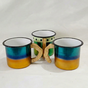 Gradient <b>Enamel</b> Coffee <b>Mug</b> Wooden Handle Metal Cup Casual Drinkware for Home Camping Gift - Product Image 1
