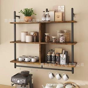 Wooden And Wrought Iron Wall <b>Shelf</b> 3 Tier With <b>Hooks</b> For Kitchen Storage And Display - Product Image 1