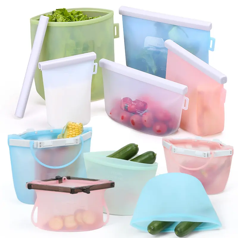 Custom Portable Food Grade Manter Fresco Container Pouch Travel Vacuum Storage Bags Set Reusável Silicone Food Bag Para Embalagem De Alimentos