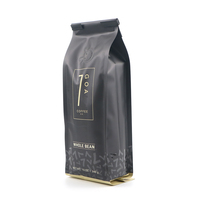 Sachet de café noir mat personnalisé à fond plat avec fermeture éclair et valve unidirectionnelle, scellé sur 8 côtés