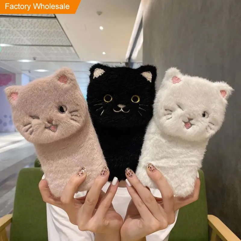 Fluffy Cute 3d Animal Cat Shaped Cartoon Shockproof Soft Fur Women Phone Case With Holder case For Iphone 13 14 Pro max