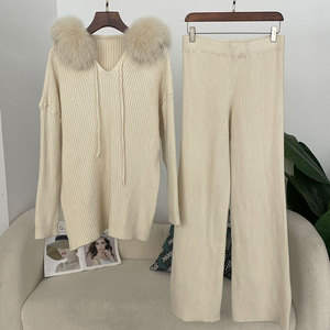 Costume pull d'hiver 2025 pour femme avec col en renard solide pull à capuche en tricot long et <span class=keywords><strong>pantalon</strong></span> slim haut vêtements - Product Image 1