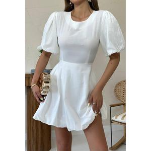 Vestido de Lino Blanco con Lazos en la Espalda, Corte en A, Cuello Redondo, Cintura Natural, Transpirable, Informal para el Día a Día, Tejido de Lino - Product Image 3