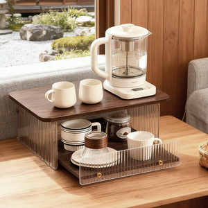 Coffee <b>Storage</b> Rack 2 Tier Wood With Glass Tray For Living Room Tableware Organization - Product Image 2