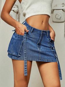 Mini-jupe en jean vintage à motif cravate pour femme, jupe moulante taille haute amincissante coupe trapèze style 'Hot Girl' - Product Image 5