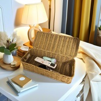 Boîte de rangement rectangulaire en plastique de style nordique pour bureau, organisateur étroit de chevet avec couvercle pour objets divers et bijoux, tressée à la main