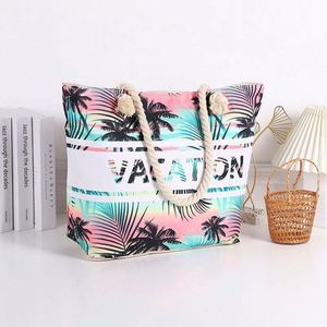 Sac à main de plage en toile grande capacité pour femme, style tropical estival, avec fermeture éclair - Product Image 2