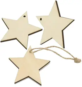 Unfinished Carved Christmas Wood Star Hanging Decoration Rustic Plywood Star Cutouts Christmas Tree Ornaments DIY Crafts