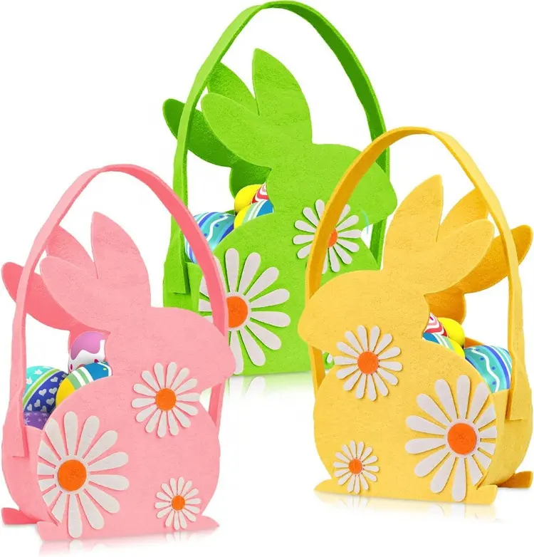 2024 Custom Easter Party Decoration Candy Gift Bags for Kids Flower Easter Tote Bags Felt Bunny Easter Basket with Handle