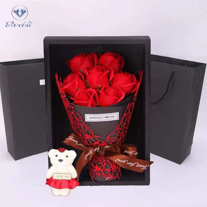 Red Artificial Rose 7 Soap Rose Flower Gift Box Bouquet Stuffed Bear Artificial Rose Flowers Romantic Mother's Day Mom