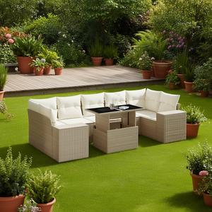 Ensemble de canapés de jardin en rotin PE, 7 pièces, beige, mobilier d'extérieur modulaire, design contemporain, coussins en mousse haute densité - Product Image 2