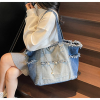 Sac fourre-tout décontracté et polyvalent en jean dégradé, nouveau style, avec fermeture éclair et pompon, grande capacité