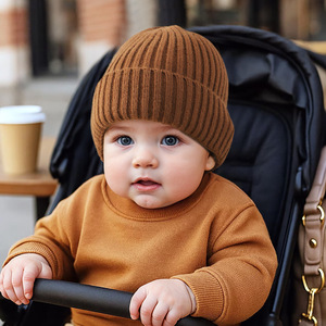 Chapeau tricoté unisexe pour nouveau-né, protection des oreilles chaude pour enfants en automne et en hiver, couleur unie rayée - Product Image 2