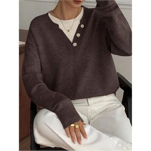 Pull tricoté personnalisé pour femme, col en V boutonné, manches longues, coupe oversize, décontracté, couleur contrastante, anti-boulochage - Product Image 1