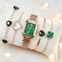 Ensemble de luxe 5 pièces pour femme : Montre à boîtier rectangulaire vert émeraude et bracelet assorti avec pierres précieuses en forme de cœur – Collection de bijoux