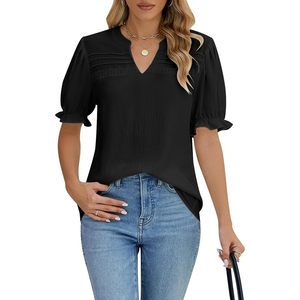 Blusa negra para mujer, manga corta, manga abullonada, cuello en V, top de gasa, ropa informal para el día a día - Product Image 1