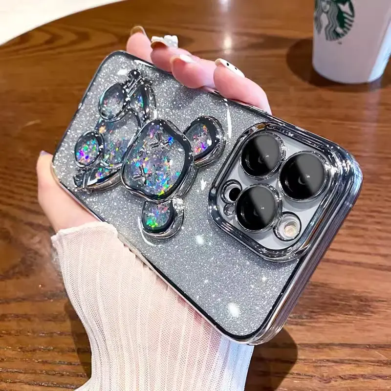 Coque de téléphone 3D ours liquide brillant pour iPhone 15 pro max avec protecteur d'écran de téléphone en verre coque de téléphone ours brillant galvanoplastie