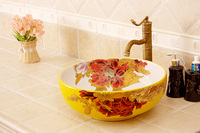 Gran oferta, lavabo sanitario creativo para el hogar, lavabo redondo de cerámica, amarillo, blanco, flor de peonía, encimera, lavabo de porcelana