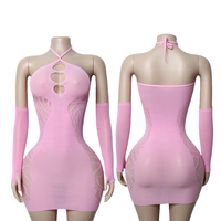 Robe moulante mini sexy pour femme à col licou en résille avec manches longues amovibles et design ajouré pour soirées et clubs