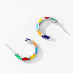 Boucles d'oreilles clous semi-rondes en forme de C, personnalisables, en argent sterling S925, émail époxy couleurs arc-en-ciel, version cuivre, cadeau pour femme - Product Image 3