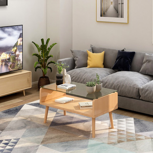 Mesa de centro de madera con tapa de cristal, muebles de madera maciza para sala de estar con espacio de almacenamiento, diseño moderno y minimalista - Product Image 1