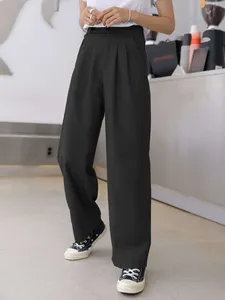 <span class=keywords><strong>Pantalon</strong></span> droit gris taille haute neutre pour femmes <span class=keywords><strong>Pantalon</strong></span> plissé décontracté à poches noires pour femmes - Product Image 4