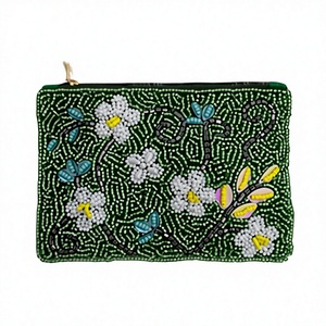 Beaded Mini <b>Coin</b> <b>Purse</b> Zipper Closure Handmade Bohemian Style Green Floral Pattern Unisex Accessory - Product Image 1
