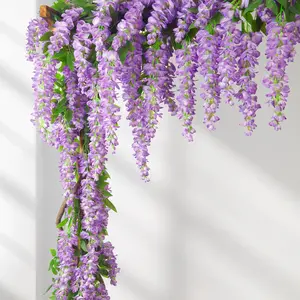 K-0629 Glicínias chinesas para decoração de flores de seda artificiais, flores suspensas de glicínias com três pontas