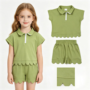 En stock: Conjunto de ropa de algodón de color liso con cremallera y volantes para niñas, ideal para el verano. Venta al por mayor de conjuntos de moda para bebés y ropa a juego para hermanas. - Product Image 1