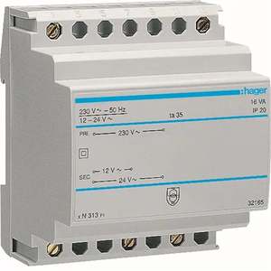 ST313 Personnalisable avec transformateur de sécurité Hagers 230V - 12 - 24V AC 16VA 4 modules DIN - Product Image 1