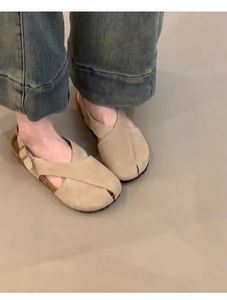 New Soft Leather <b>Sandals</b> Ladies Retro Brightening Cross Strap One Buckle Round Toe Nubuck Leather <b>Flat</b> Shoes - Product Image 4