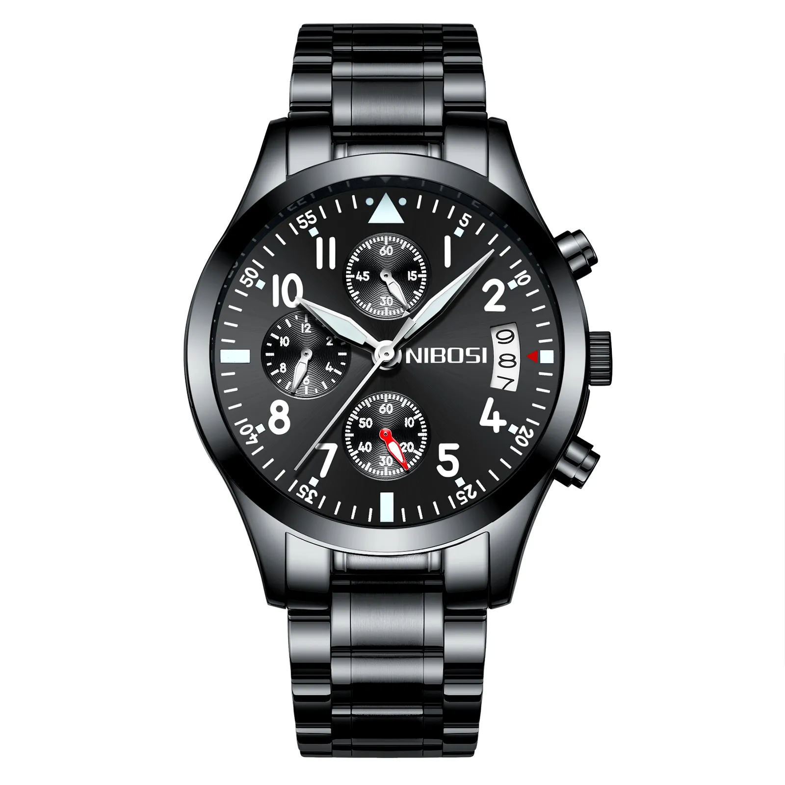 Luxus Herren Armbanduhr 2303 Band leuchtender schwarzer Chronograph Edelstahl Glaslegierung 30 M Quarz Sportgeschenke Geschäft