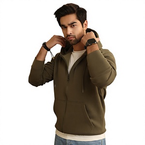 Sweat-shirt à capuche zippé en polaire vert olive classique pour homme, avec cordon de serrage personnalisé, couleur unie, style décontracté, vente en gros - Product Image 1