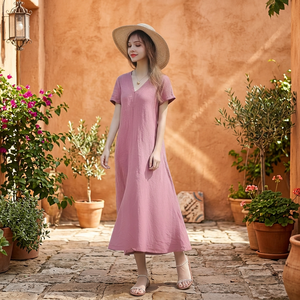 Robe midi évasée taille haute à manches cloche, coupe ample, style vintage décontracté, respirante, grande taille, 100 % coton, faite à la main pour femme - Product Image 2
