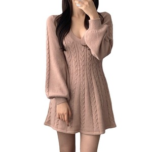 Abito in <span class=keywords><strong>Maglia</strong></span> <span class=keywords><strong>di</strong></span> Lana a Linea A con Scollo a V e Maniche a Campana, Motivo Retrò in Canapa, Moda Primavera-Autunno per Donne - Product Image 1