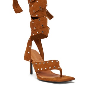 Sandali Estivi con Punta Quadrata e Cinturino tra le Dita, Allacciati, con <span class=keywords><strong>Tacco</strong></span> Alto, in Finta Pelle Scamosciata con Dettagli Metallici - Product Image 6