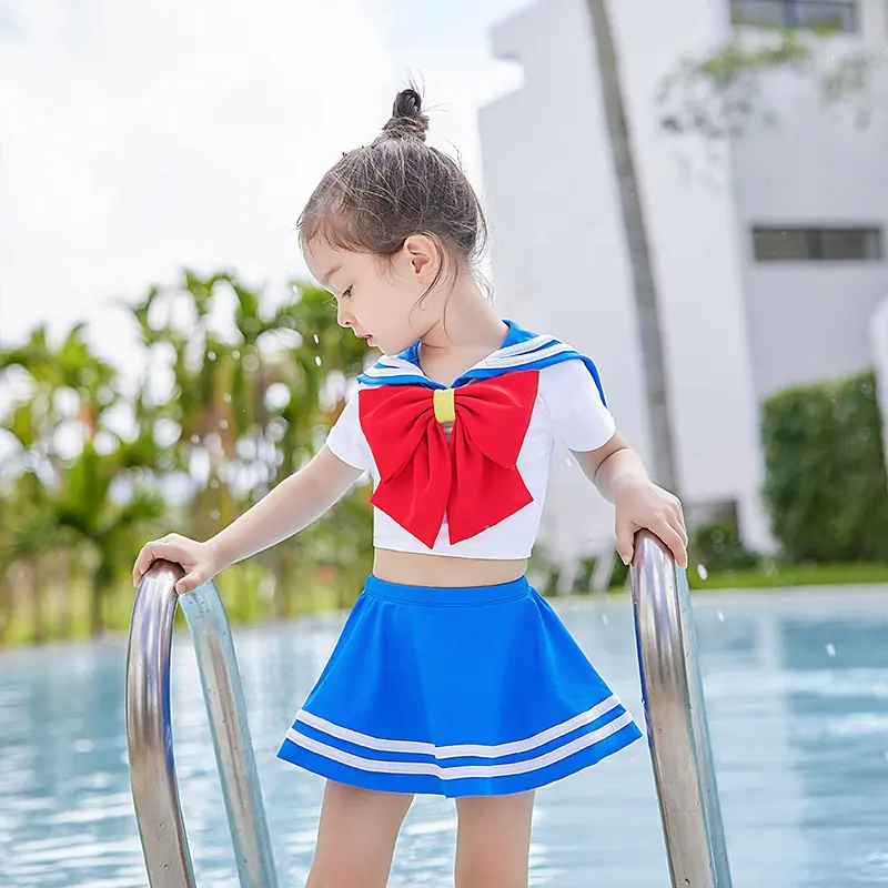 日本のセーラースーツユニフォームキッズ水着女の子デザイナー水着卸売1-6年2-102ピースツーピースOEMカスタム