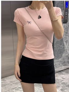 T-shirt da <span class=keywords><strong>donna</strong></span> coreana girocollo a <span class=keywords><strong>maniche</strong></span> <span class=keywords><strong>corte</strong></span>, morbida, slim-fit, estiva, ricamata, alla moda, semplice, con blocchi di colore, all'ingrosso - Product Image 6