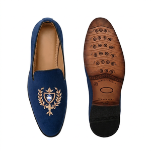 Mocassins élégants en velours bleu à bout pointu avec logo brodé, antidérapants, pour hommes, chaussures habillées de mariage Asken Atelier authentiques - Product Image 3