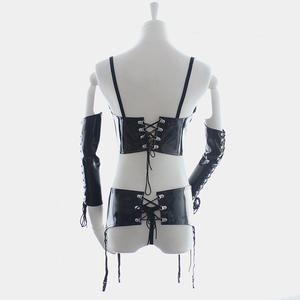 Zwart Lakleer Vrouwelijk Lichaam <span class=keywords><strong>Bondage</strong></span> 4-delige Set Sexy Harnas Korset Met Blote Buste Erotische Lingerie Voor Vrouwen - Product Image 4
