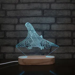 Design avion avion 3d led veilleuse en bois cadeau pour jeune garçon lampe cadeau pour amoureux de la mouche lampe avec base en bois et acrylique