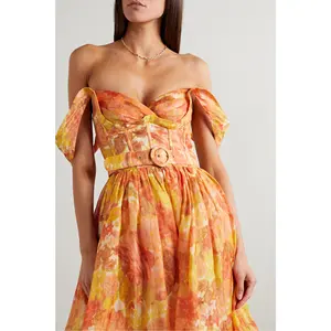 Vestido largo de lino con cinturón para mujer, ropa informal de lino con estampado Floral y mezcla de seda