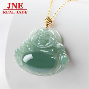 Collana con Pendente Buddha Maitreya in Giada Naturale del Myanmar Intarsiata in <span class=keywords><strong>Oro</strong></span> 18K, Pendente in Giada Verde Olio per Donne - Product Image 3