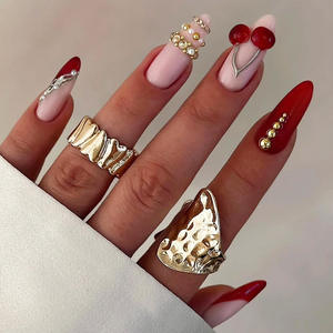 Uñas postizas de San Valentín, diseño de fresa, tendencia de uñas de guepardo, 24 unidades, efecto ombré brillante, estilo Y2K, color rosa, diseño de almendra, con caja. - Product Image 3